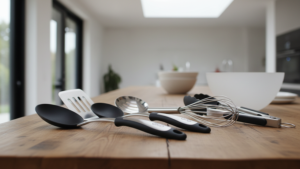 Close-up view of Oxo brand kitchen utensils arranged on a wooden countertop