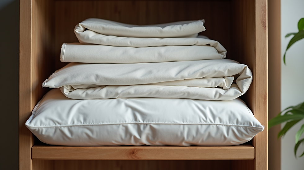 Eye-level view of a neatly folded stack of luxury Italian bedding on a wooden shelf