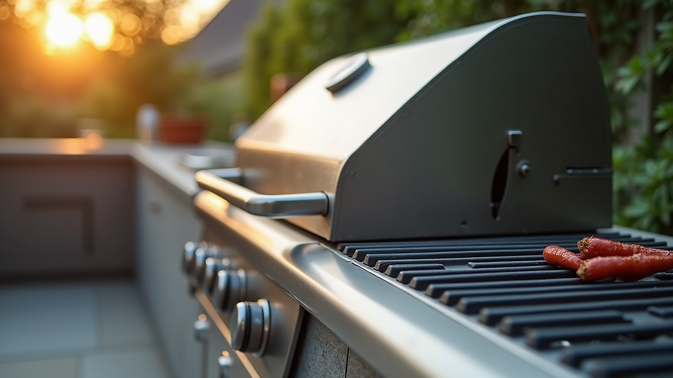 Close-up view of stainless steel grill and side burner in an outdoor kitchen
