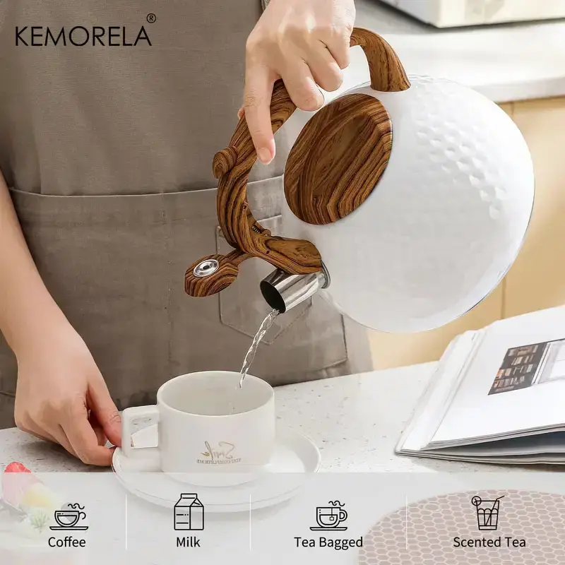 Miniatura: Stainless Steel Kettle – Wood Handle, Hammer Pattern, Whistle, Induction/Gas