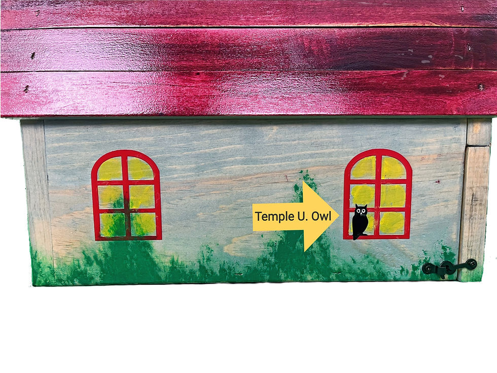 Thumbnail: A beautifully handmade birdhouse depicting Temple University close-up viewing the Temple owl.