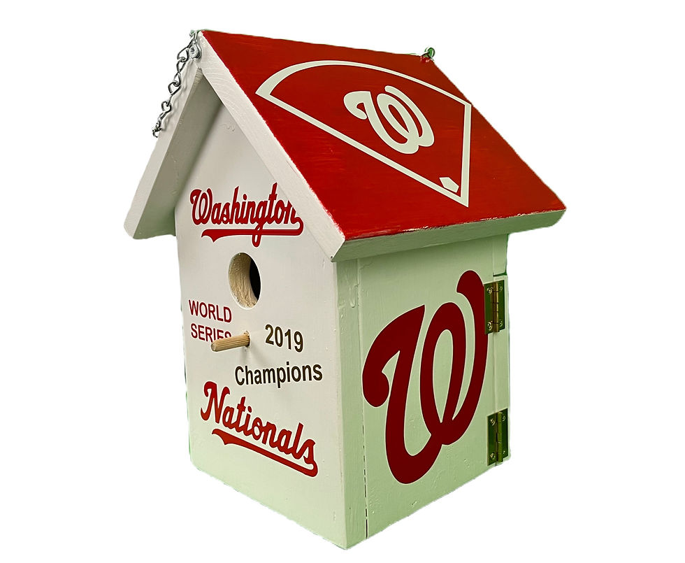 Thumbnail: Handmade birdhouse representing the Washington Nationals 2019 champs - Top, side and front view