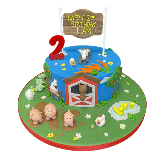 Colorful farm animals themed cake for kids birthday party with fondant decorations of cows, pigs, horses, and chickens on a white background.