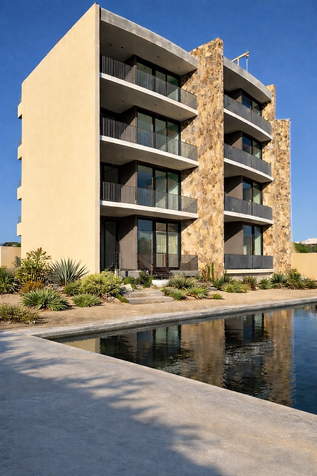 Fachada de departamentos con canceles y ventanas de PVC instalados en balcones, reflejados en alberca y rodeados de paisajismo contemporáneo.
