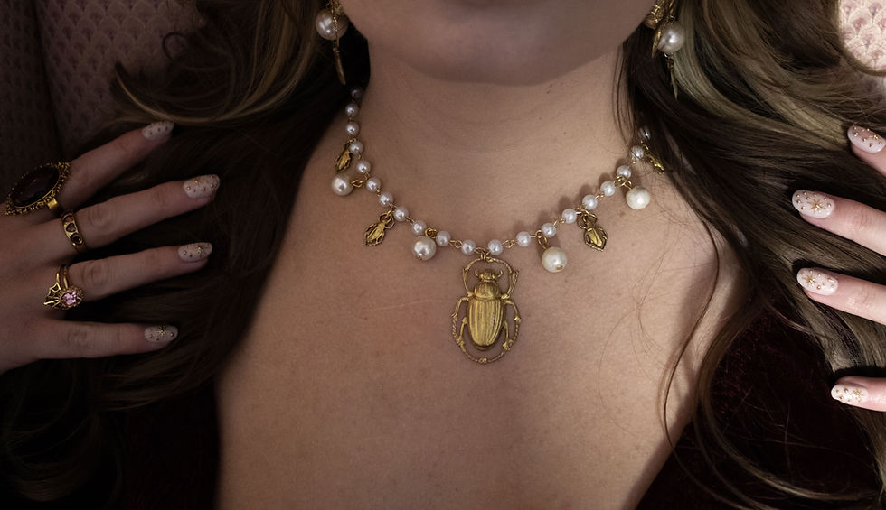 Thumbnail: Golden Death Beetle Glass Pearl Necklace