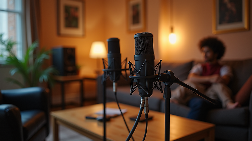 Eye-level view of a cozy podcast recording studio with microphones and sound equipment