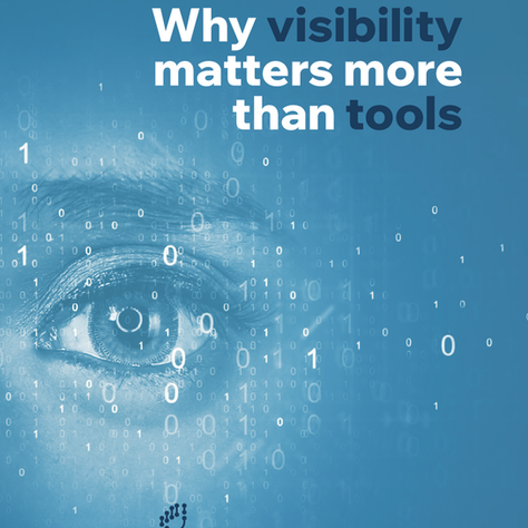 A cybersecurity specialist looking at a screen of numbers, with the words 'why visibility matters more than tools'