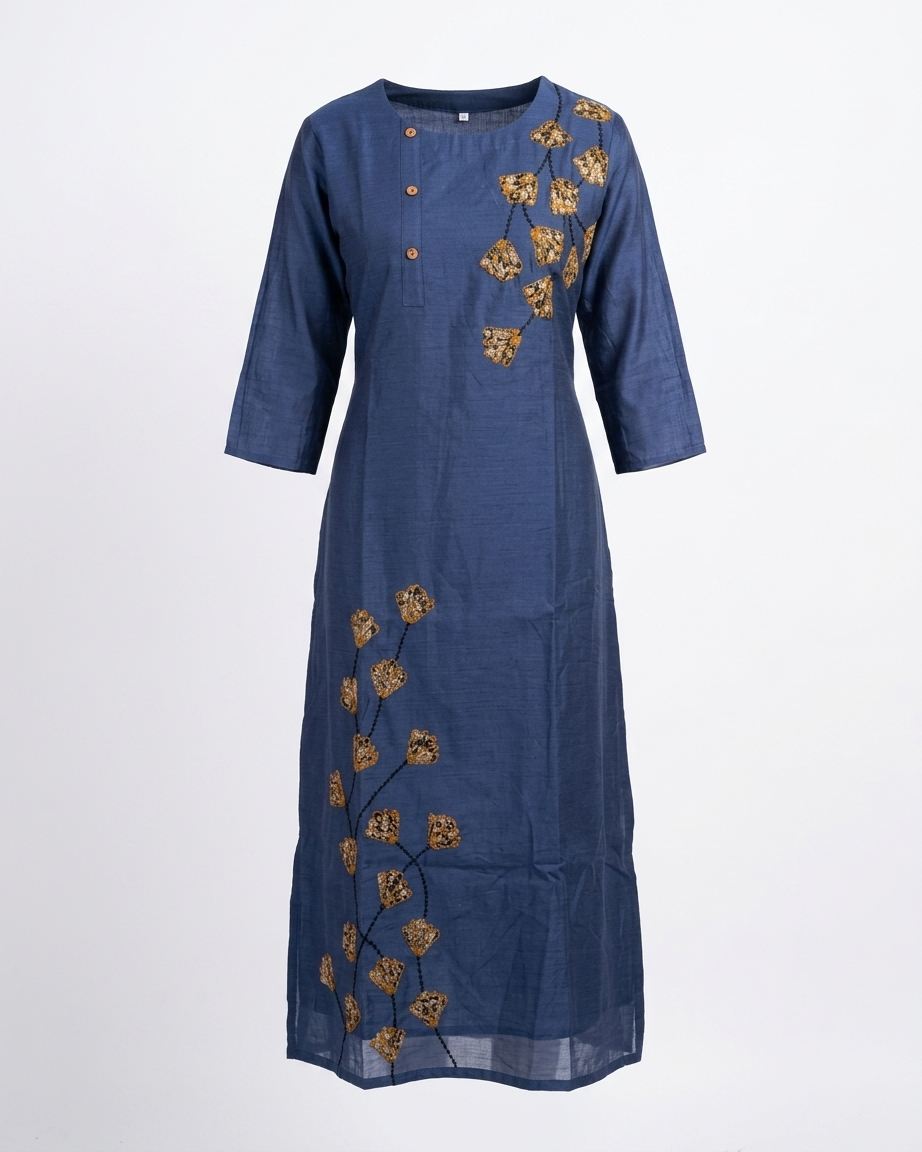 Thumbnail: Navy Kurta with Gold Floral Appliqué Vine