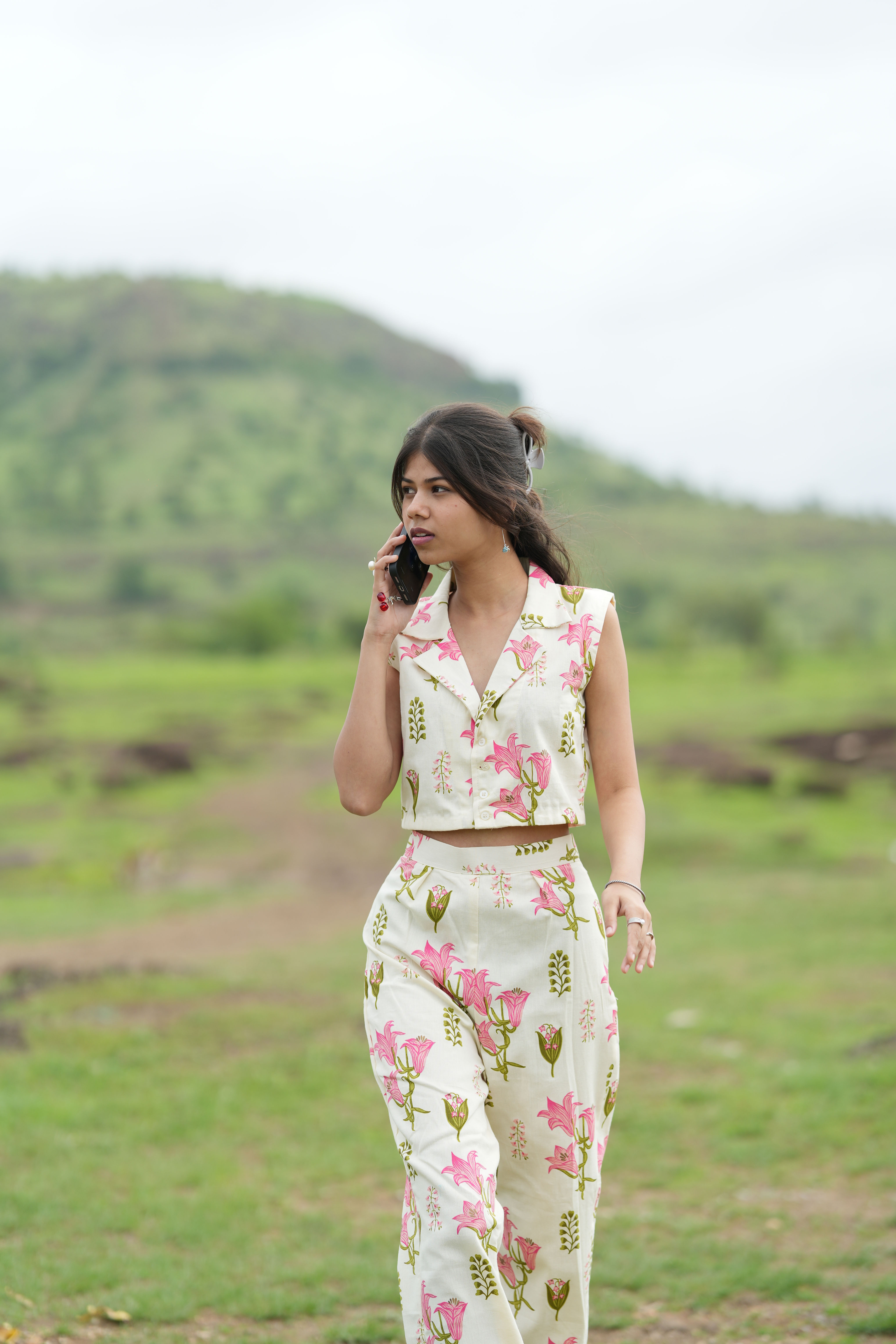 Pink Lily Floral Print Crop Top and Trouser Co-ord Set