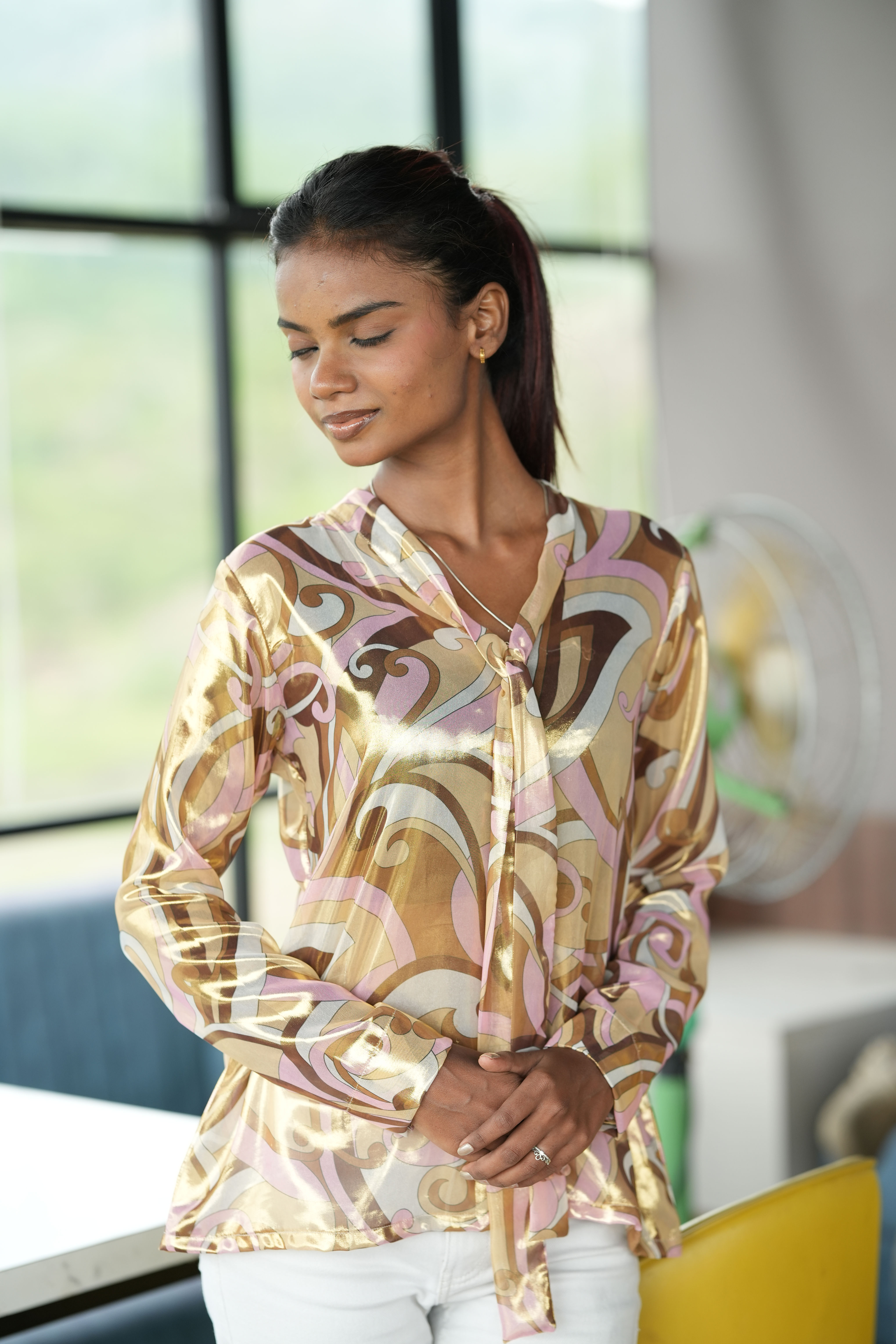 Retro Swirl Metallic Print Tie-Neck Top