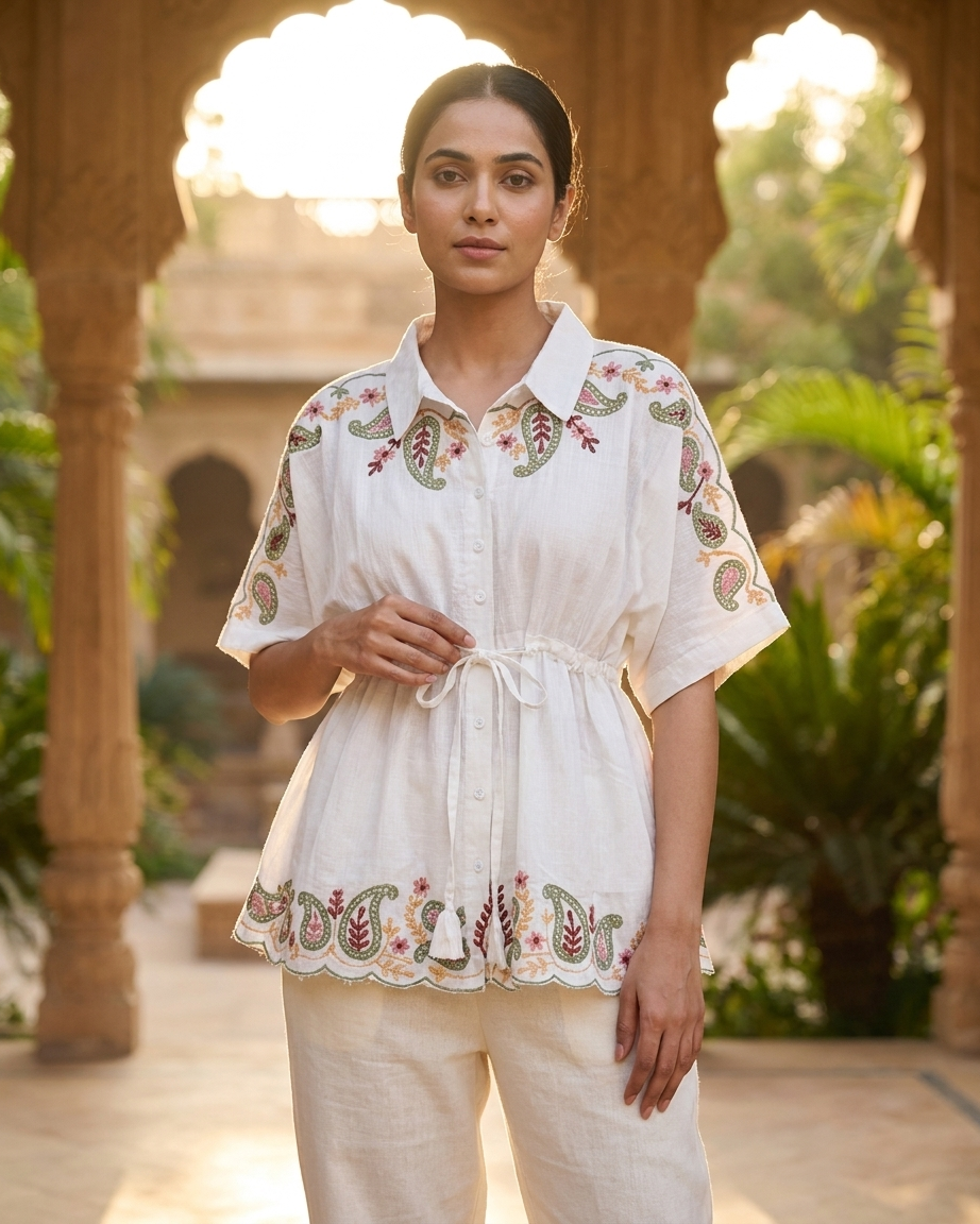 Thumbnail: White Paisley Embroidered Drawstring Waist Shirt