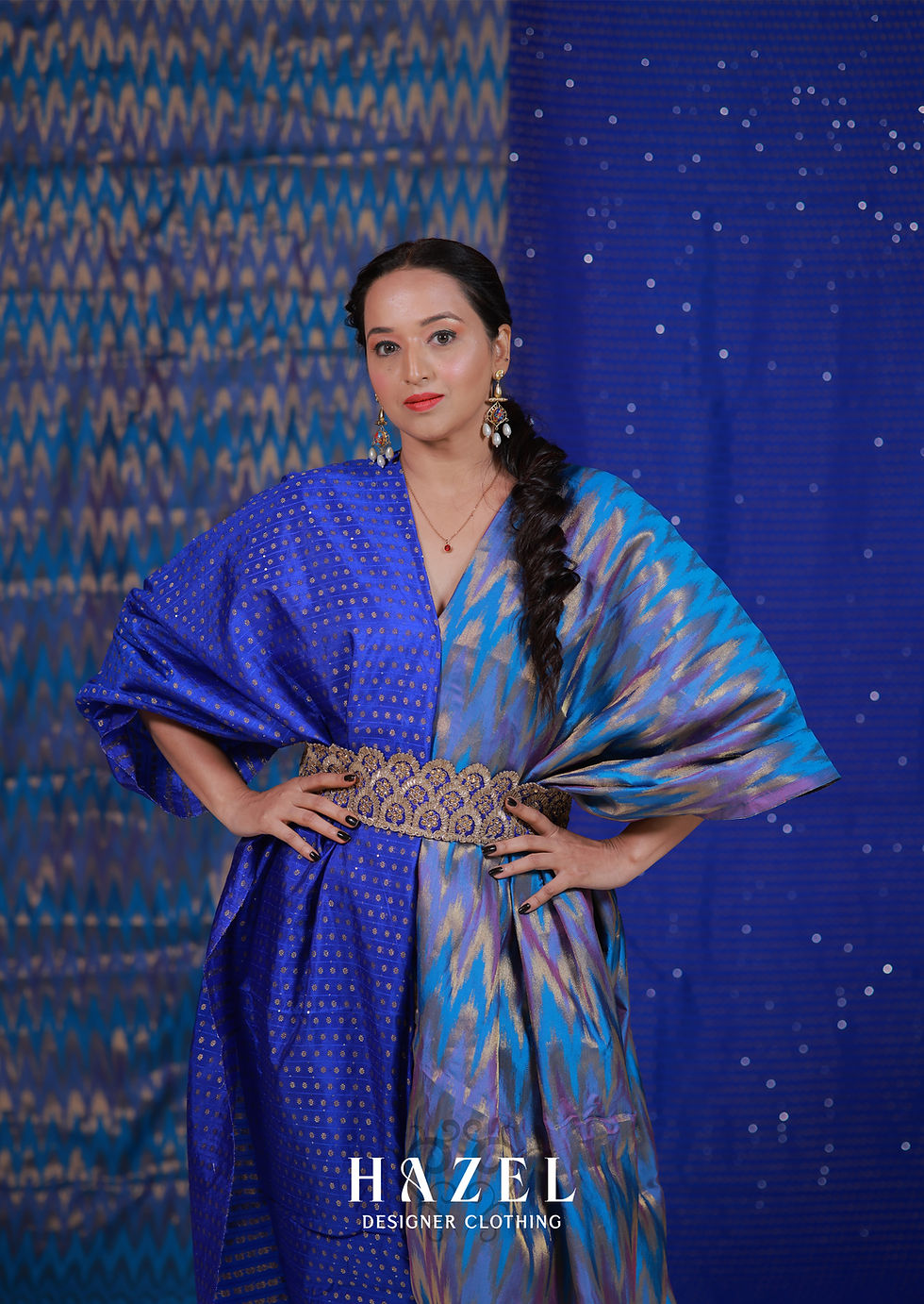 Thumbnail: Royal Blue & Teal Ikat Zari Woven Banarasi Silk Saree Fabric