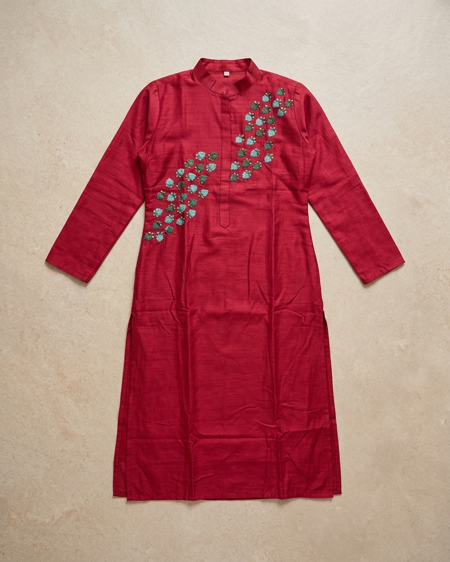 Thumbnail: Red Silk Kurta with Cluster Floral Embroidery