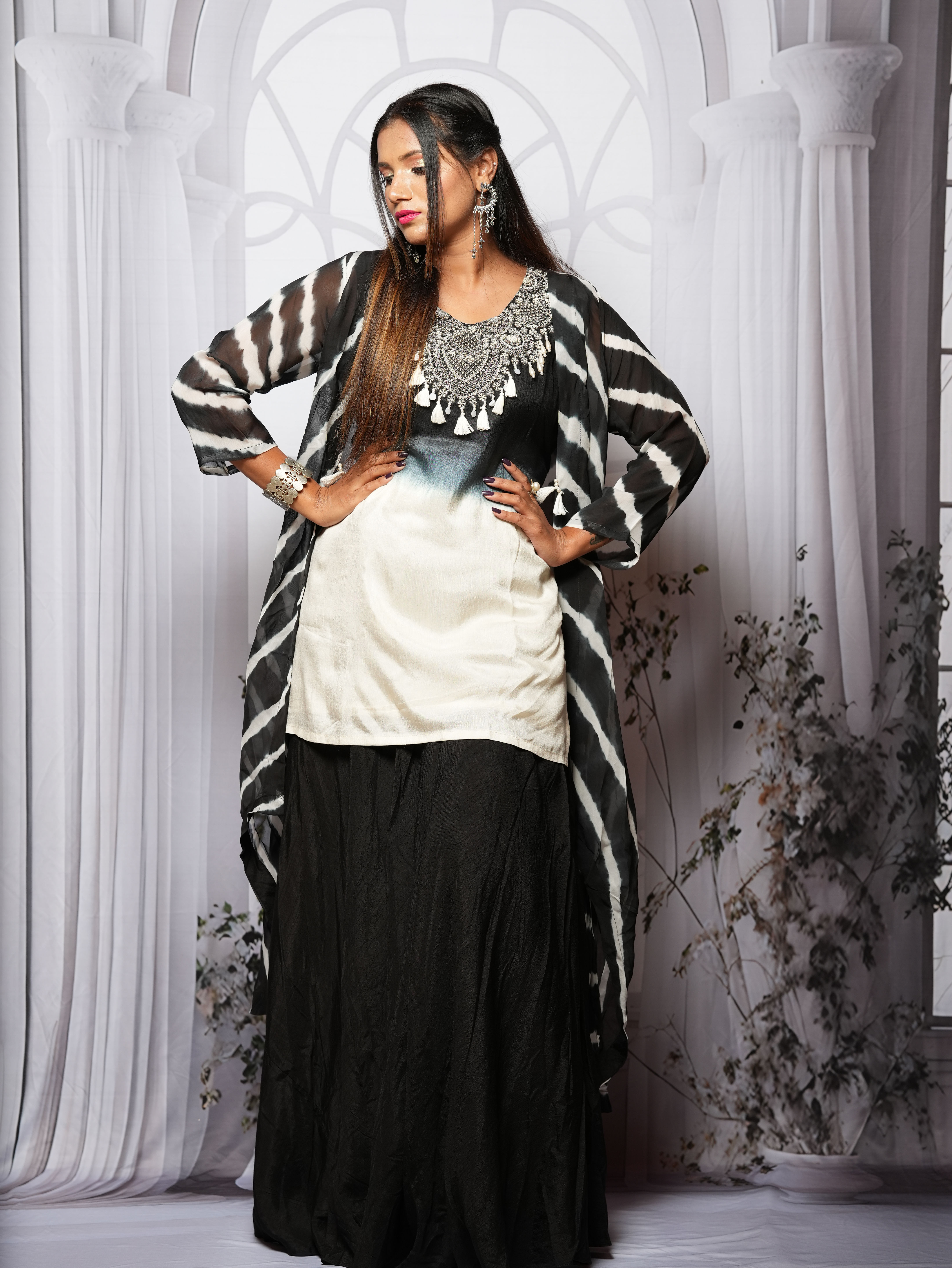 Black & White Shibori Jacket Suit with Embroidered Yoke