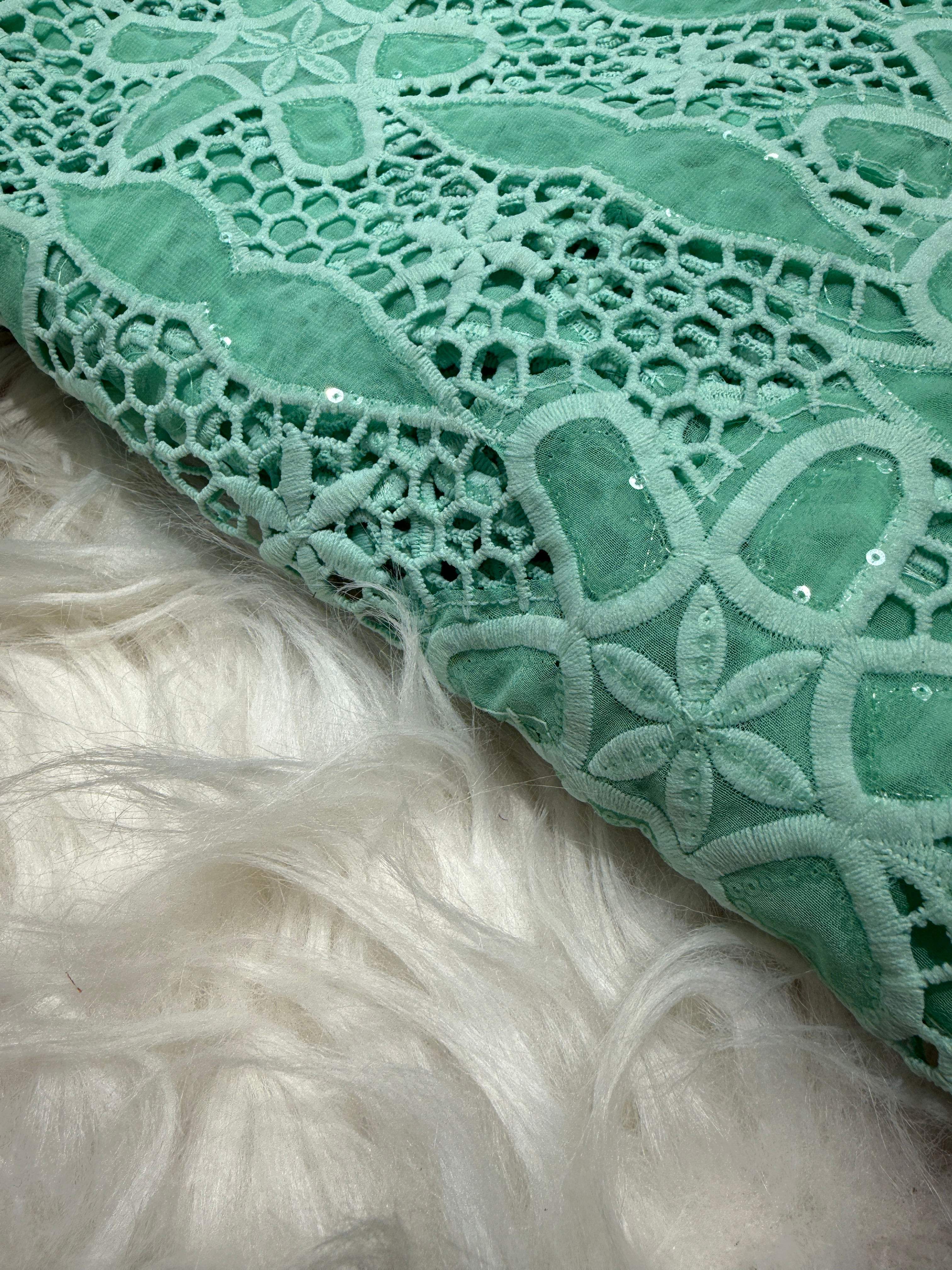 Mint Green Floral Cutwork Sequin Embroidered Net Fabric