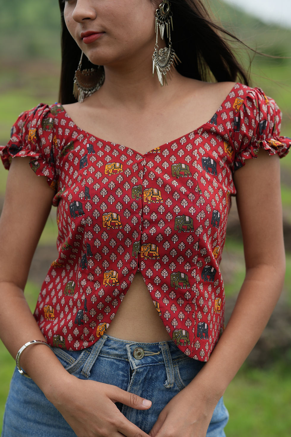 Thumbnail: Red Elephant Motif Front Slit Crop Top