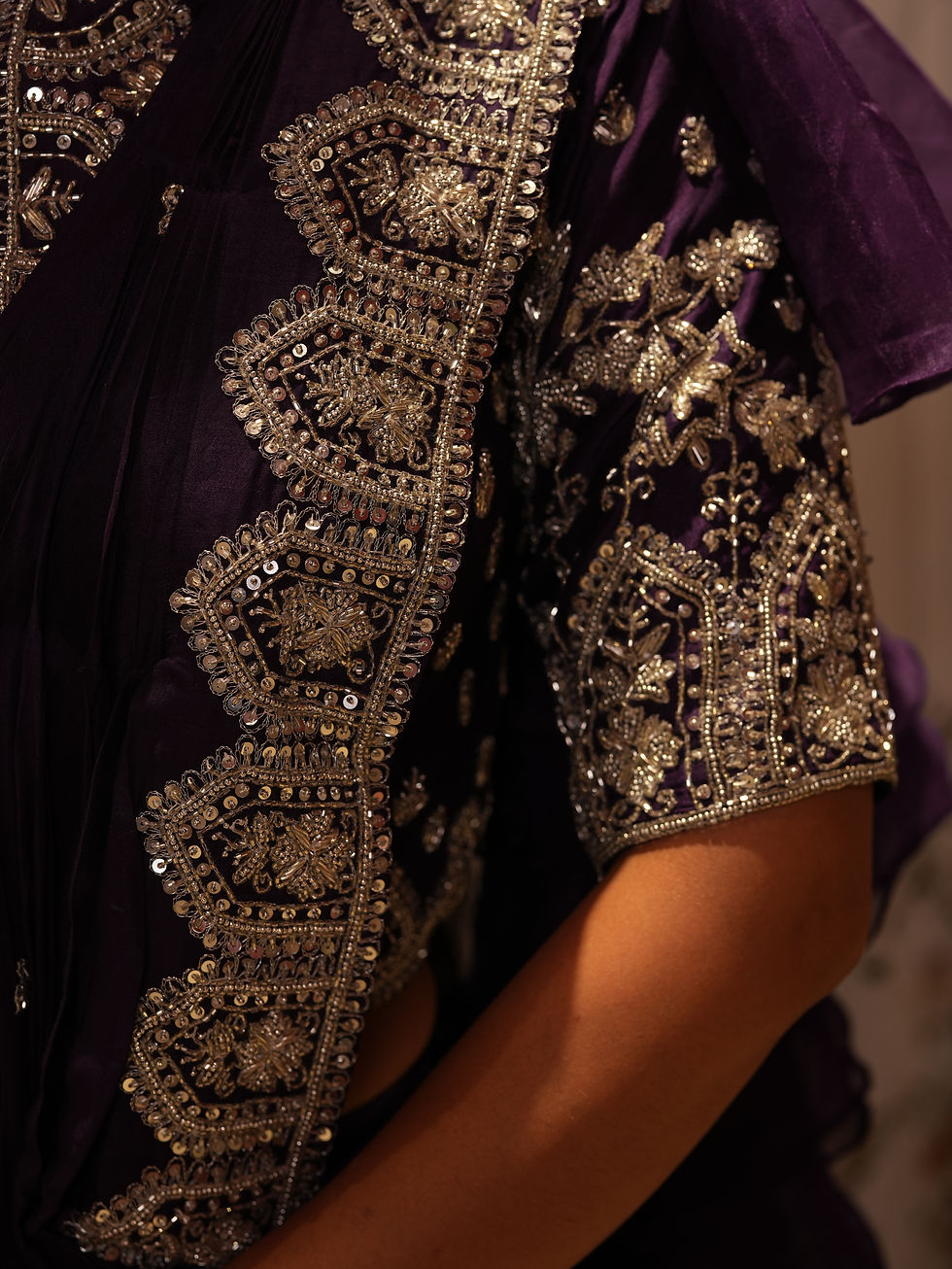 Thumbnail: Deep Purple Embellished Ruffle Drape Lehenga Saree Set