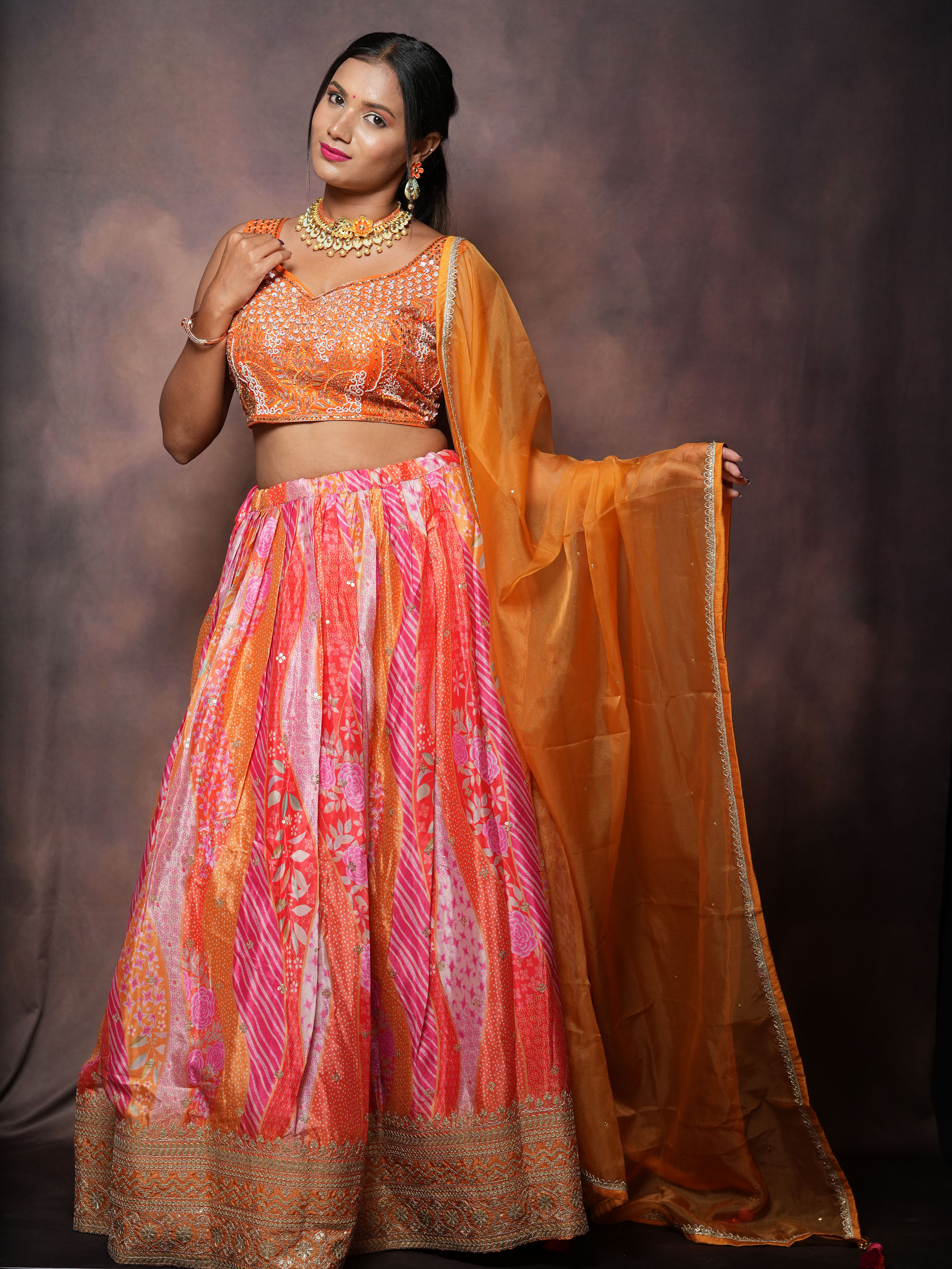 Orange & Pink Foil Printed Embroidered Lehenga Choli Set