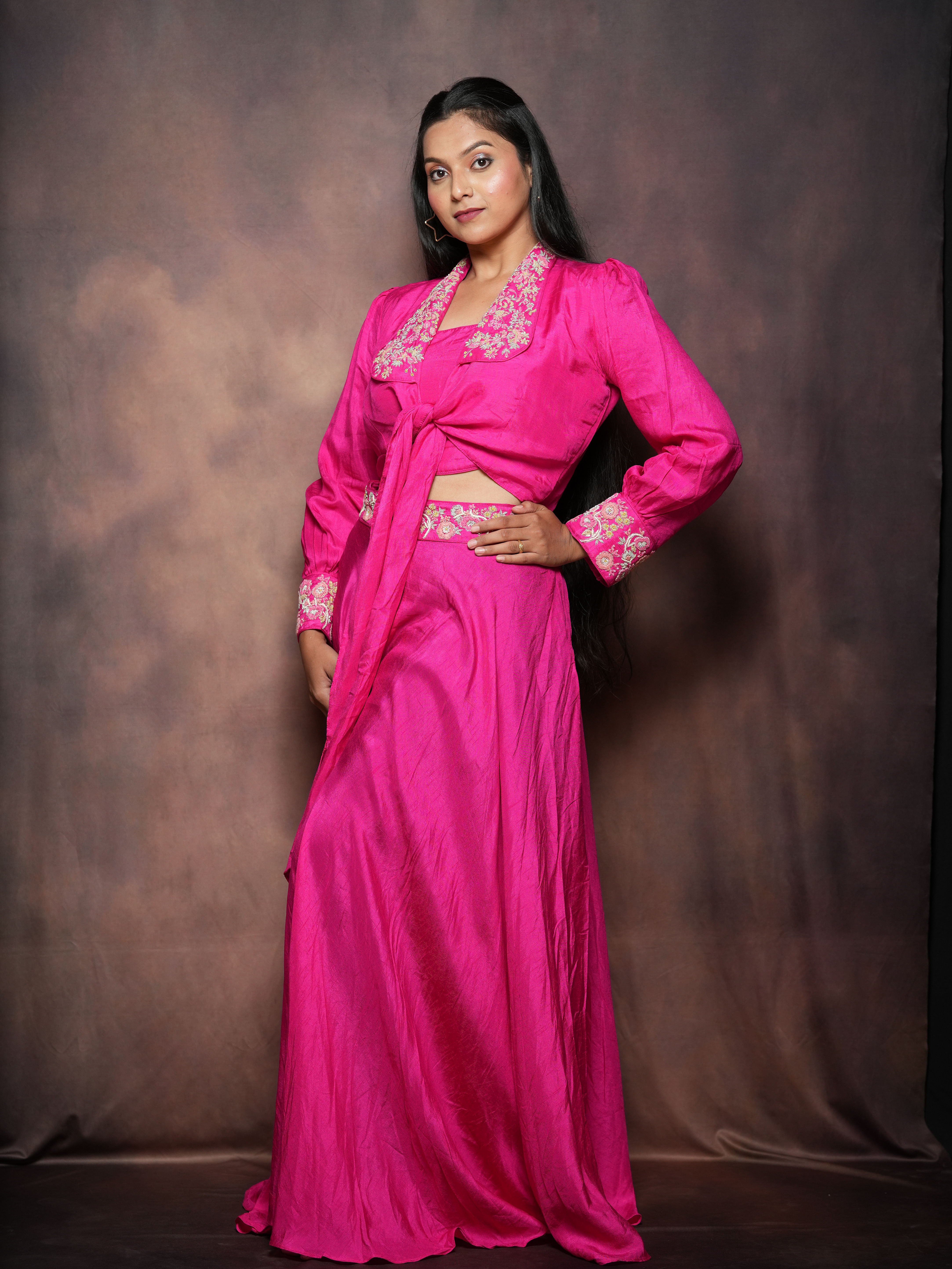 Hot Pink Embroidered Wrap Peplum Suit Set with Flared Pants