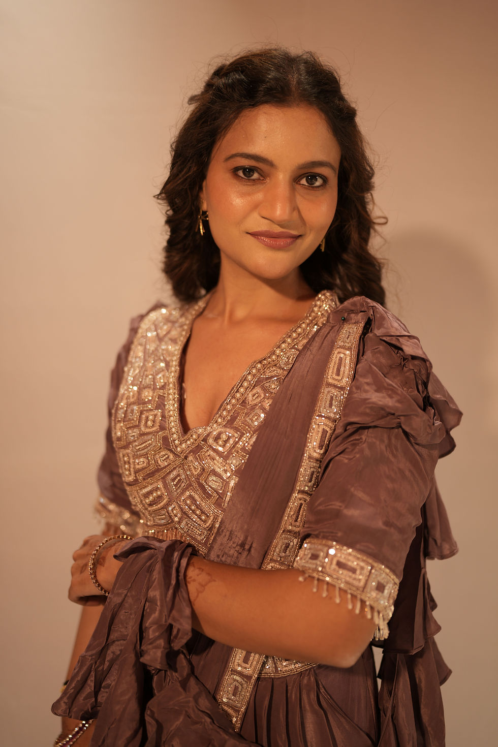 Thumbnail: Mauve Ruffled Pre-Draped Saree