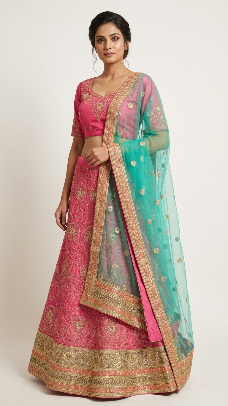Thumbnail: Magenta Pink Zari Embroidered Bridal Lehenga Set