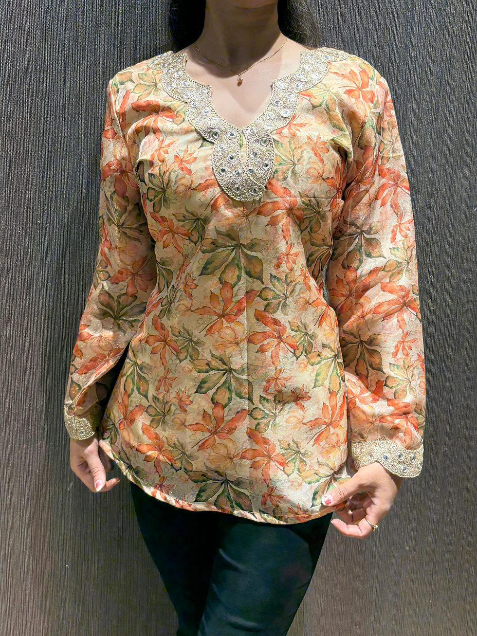 Thumbnail: Autumn Leaf Print Embellished Tissue Silk Top