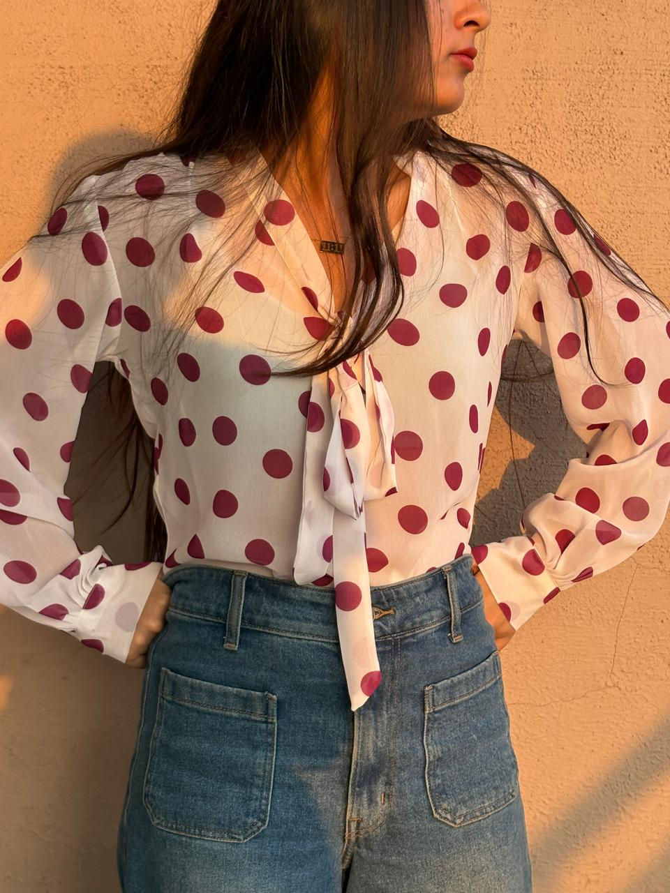 Thumbnail: White and Maroon Polka Dot Bow-Tie Chiffon Blouse