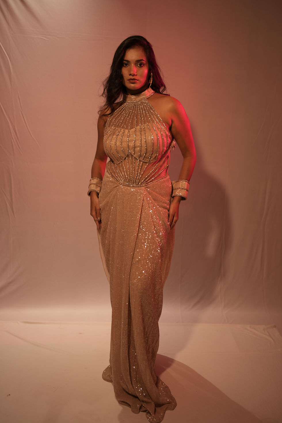 Thumbnail: Rose Gold Shimmer Corset Drape Gown