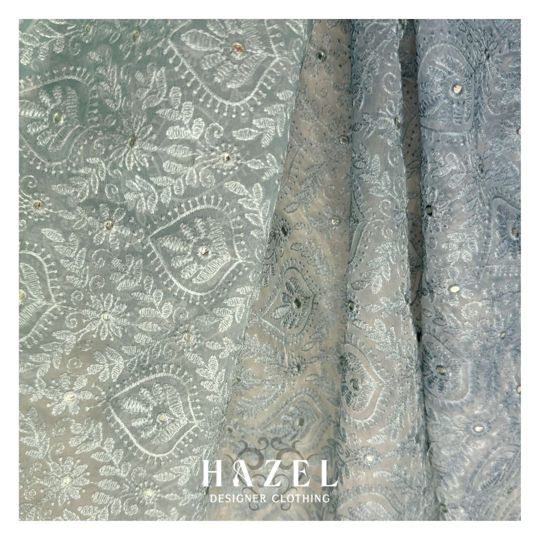 Dusty Blue Sheer Net Fabric with Damask Floral Embroidery