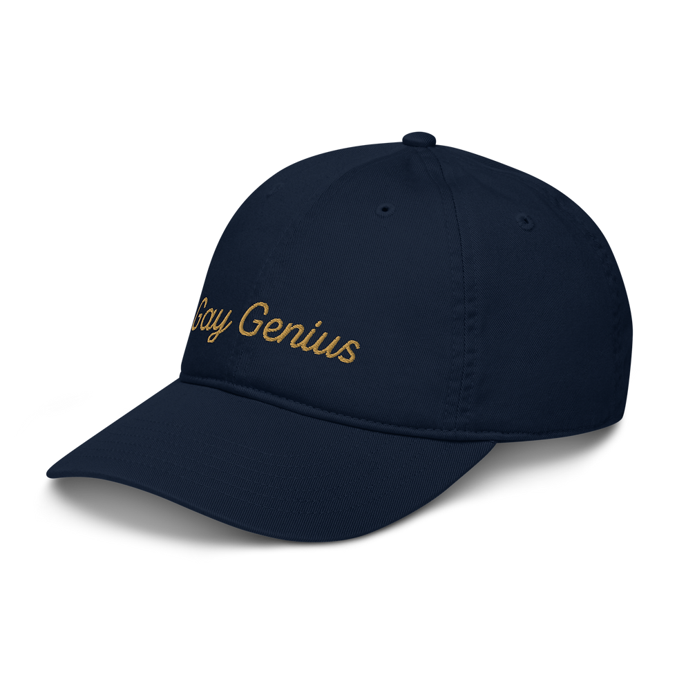 Thumbnail: Gay Genius embroidered on a navy hat in a light brown font