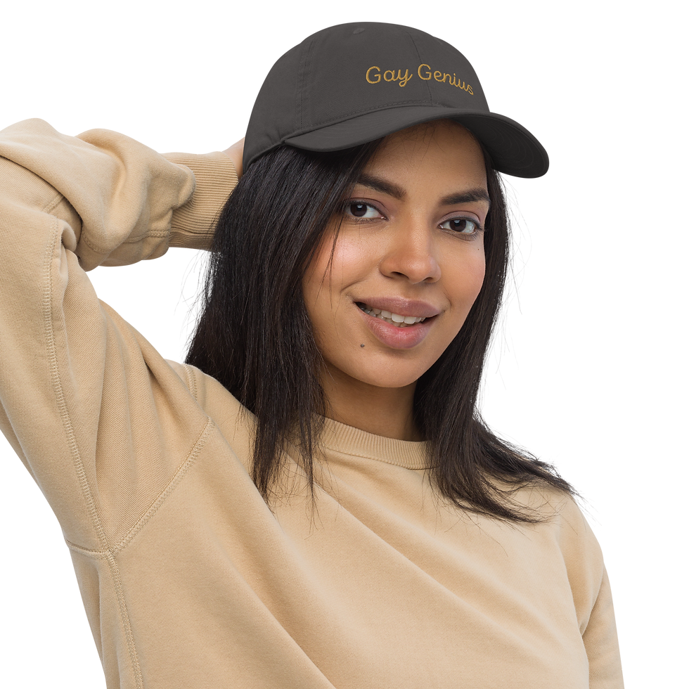 Thumbnail: Gay Genius embroidered on a gray hat in a light brown font