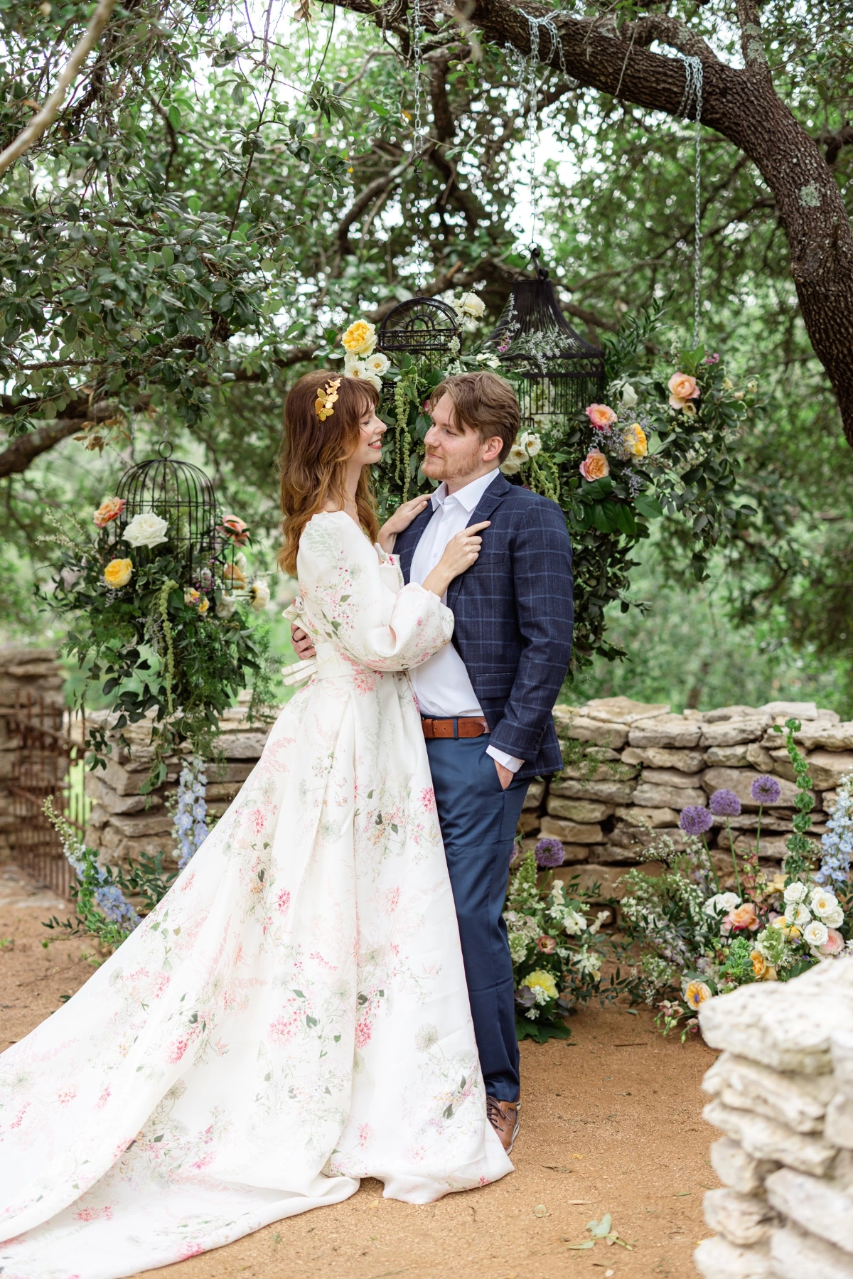 Bridal model surrounded by florals in a Monique Lhuillier dress surprise proposal at The Wayback in Austin Texas 
