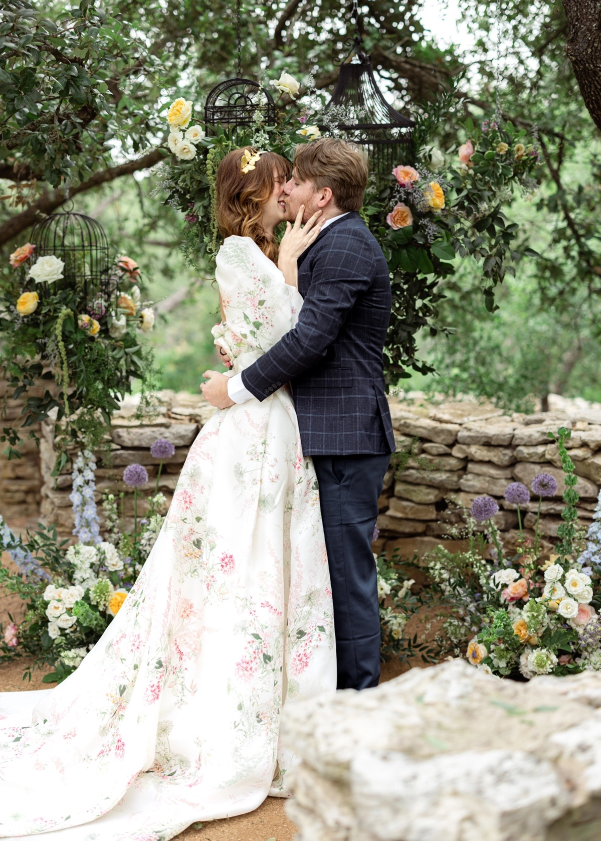 Bridal model surrounded by florals in a Monique Lhuillier dress surprise proposal at The Wayback in Austin Texas 