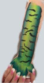Child's arm with green and black glitter face painting for events.