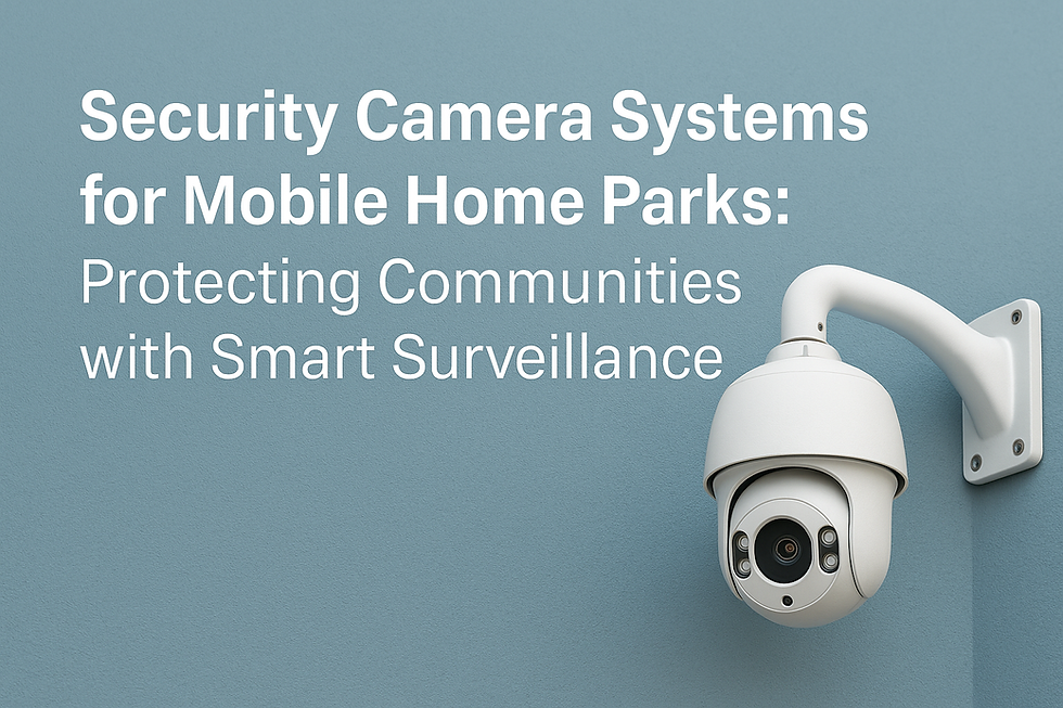 Security camera on blue wall with text: "Security Camera Systems for Mobile Home Parks: Protecting Communities with Smart Surveillance."