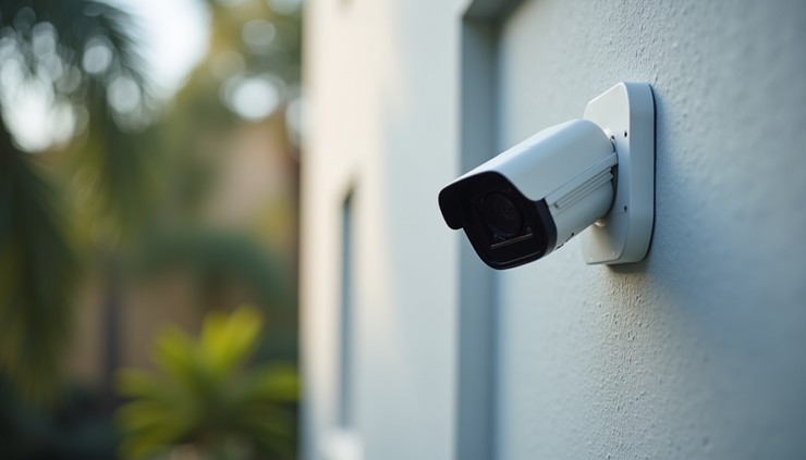 Eye-level view of a modern CCTV camera mounted on a residential building exterior