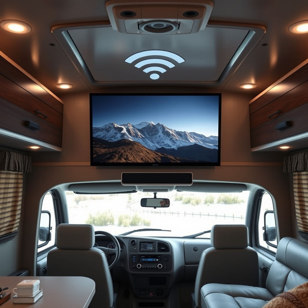 Interior of a motorhome with a mountain view on a ceiling TV. Brown cabinets, striped curtains, and a cozy atmosphere. Wi-Fi signal icon above.