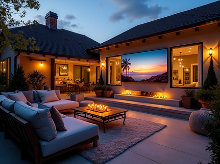 A vibrant, modern backyard patio with a large outdoor TV, comfortable seating, and ambient