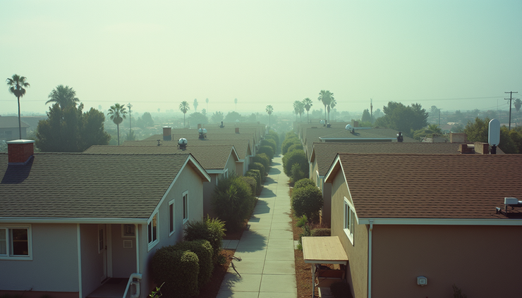 Eye-level view of a residential neighborhood in San Diego with internet equipment on rooftops