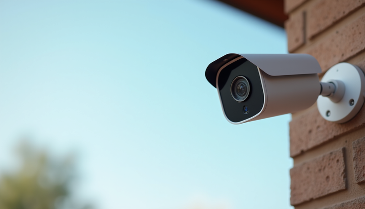 Eye-level view of a Eufy wifi security camera mounted on a home exterior wall
