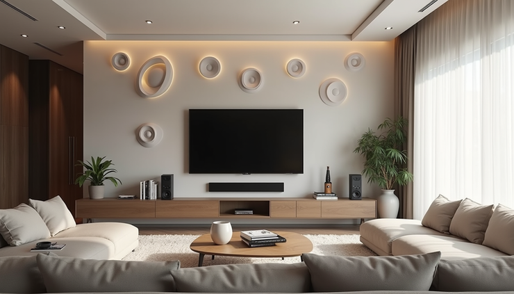 Eye-level view of a modern living room with multiple ceiling speakers installed