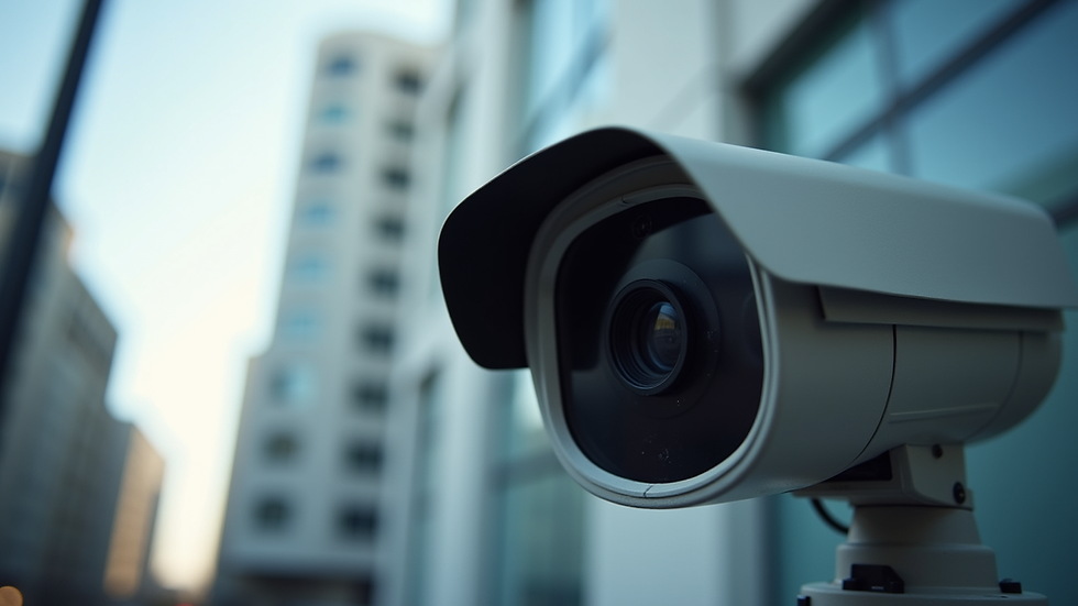 Close-up view of a security camera lens with a blurred commercial building in the background