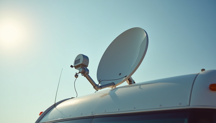 Eye-level view of a Starlink satellite dish securely mounted on an RV roof with neatly routed cables