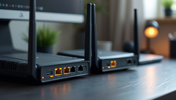 Eye-level view of a home office setup with two internet routers side by side on a desk