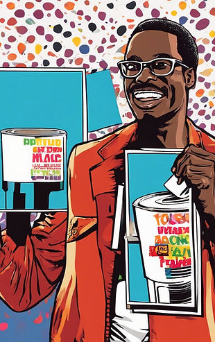 A black man holding up an ad for marketi