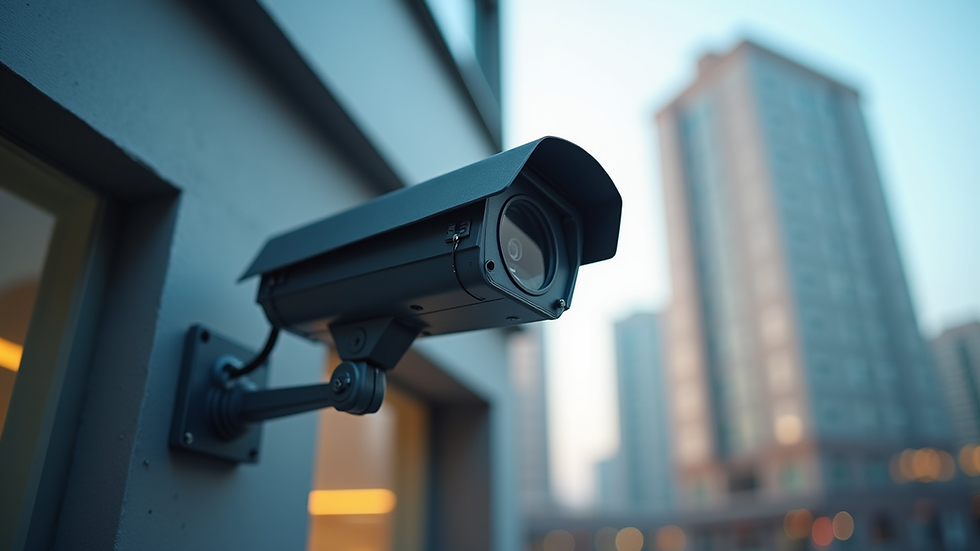 Eye-level view of a modern security camera mounted on a commercial building exterior
