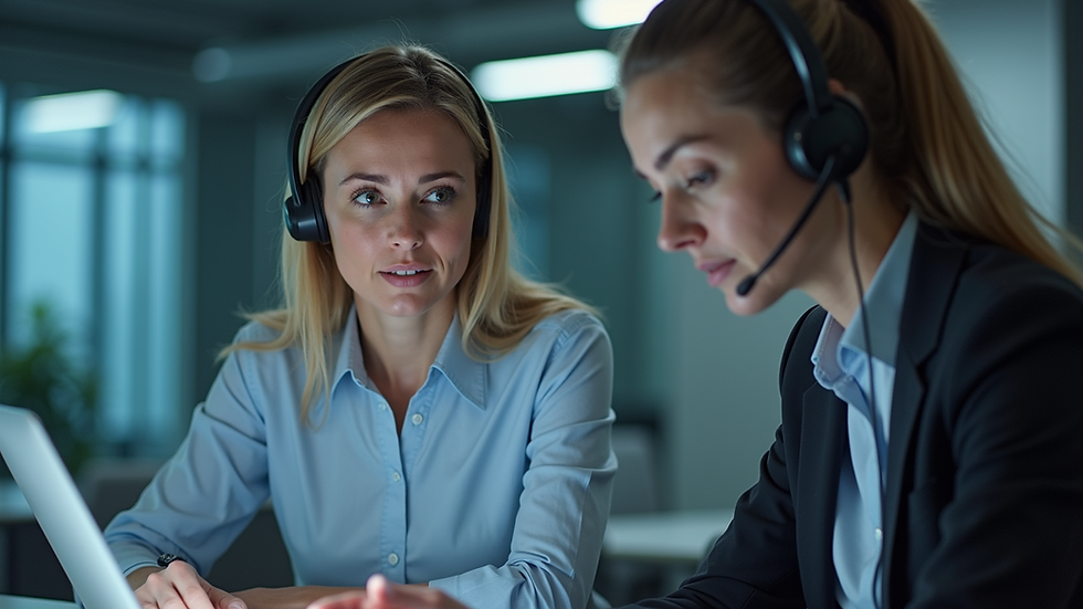 Close-up view of a business executive discussing technology solutions with a tech support specialist