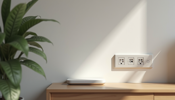 Eye-level view of a modern living room with smart home devices and multiple electrical outlets