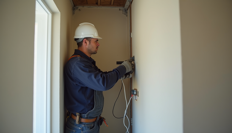 Eye-level view of a low-voltage contractor installing wiring inside a residential wall cavity