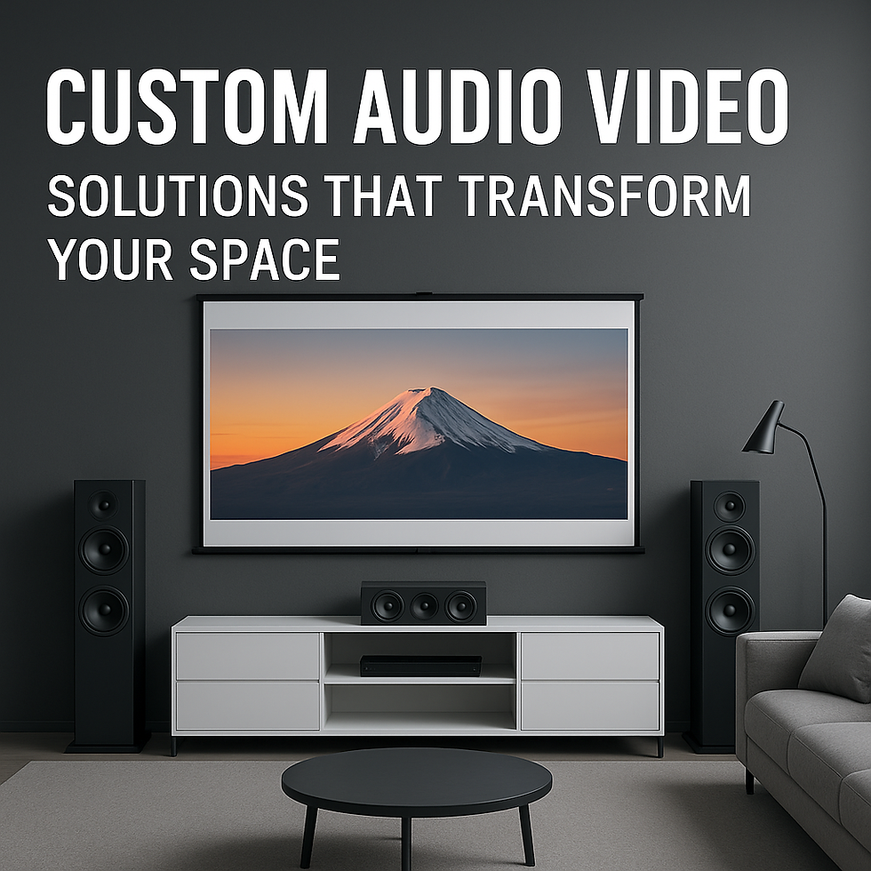 Home theater setup with a screen displaying a mountain at sunset. Text reads "Custom Audio Video Solutions That Transform Your Space."